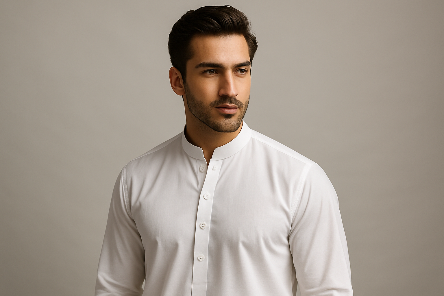 A handsome potrait of model wearing white cottkn shalwaar kameez 