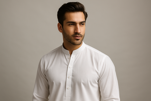 A handsome potrait of model wearing white cottkn shalwaar kameez 
