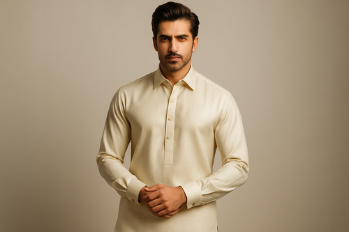 A MALE MODEL WEARING BOSKI SHALWAAY KAMEEZ POTRAIT 