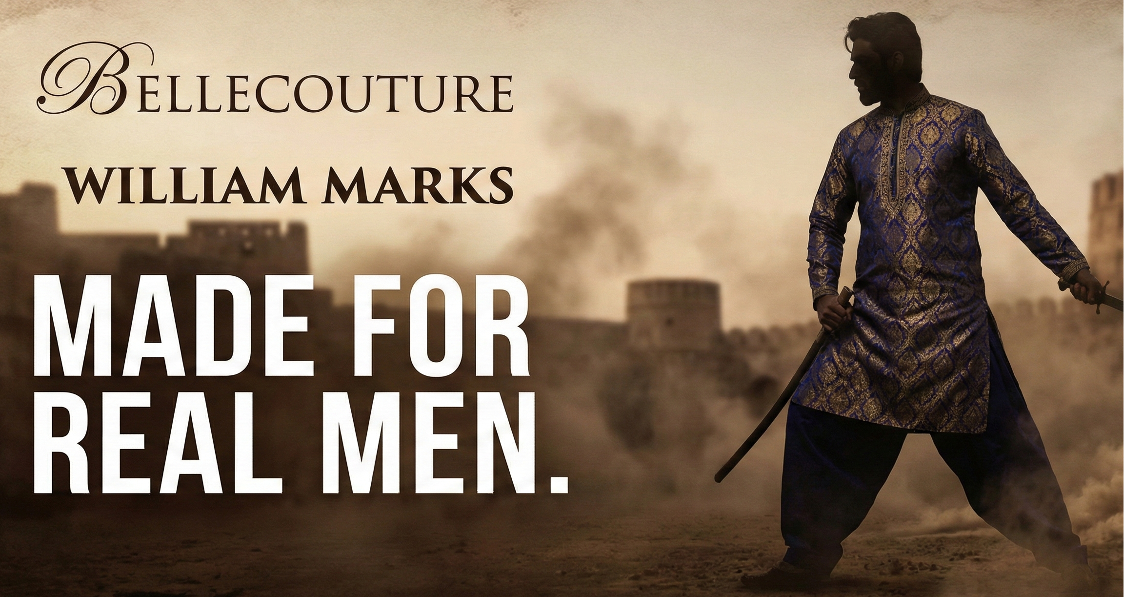 Man in historical attire holding a sword with text overlay on a dramatic background